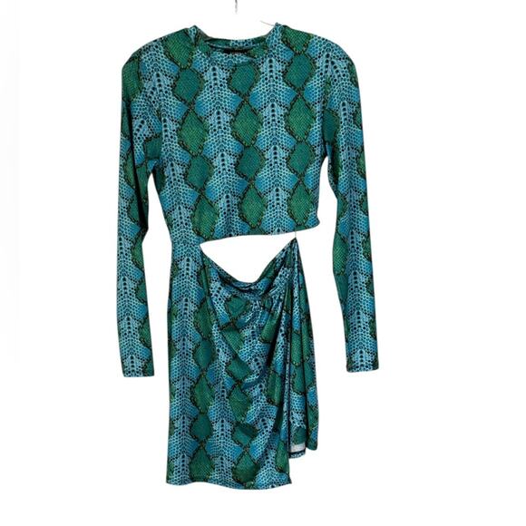AFRM: Iman Snakeskin Print Cutout Long Sleeve Minidress in Teal Snake – Med - Picture 2 of 6